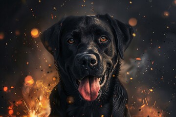 a black dog with orange eyes and tongue sticking out