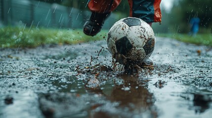 Close shot of a kid playing football in mud or rain after school with a big space for text, Generative AI. - obrazy, fototapety, plakaty