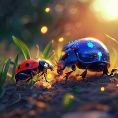 Luminous ladybug glowing near dim dung beetle, bright colors, clean background, Realistic HD characters, beetle unnoticeable