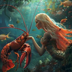 Mystical mermaid conversing with logical lobster, bright colors, clean background, Realistic HD characters, lobster rational