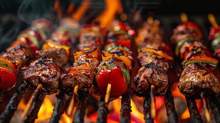Close shot of delicious Shish kebabs grilling on grill with a space for text or product, Generative AI. - obrazy, fototapety, plakaty