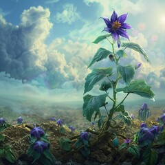 Notable nightshade standing out beside unremarkable ursinia, bright colors, clean background, Realistic HD characters, ursinia plain - obrazy, fototapety, plakaty