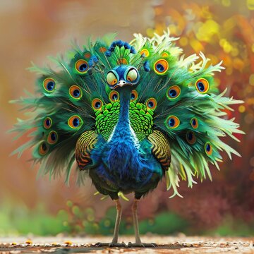 Optimistic ostrich burying head, pessimistic peacock flaunting feathers, bright colors, clean background, Realistic HD characters, peacock gloomy