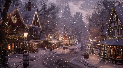 A charming holiday village scene dusted with snow and adorned with twinkling lights, with quaint...