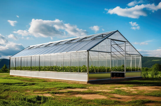A greenhouse in a field of vegetables. Large greenhouse in an ecological place. Beautiful modern farm with a greenhouses, sunset. Glass large greenhouse for gardening.