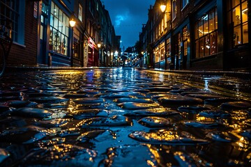a wet street with buildings and lights