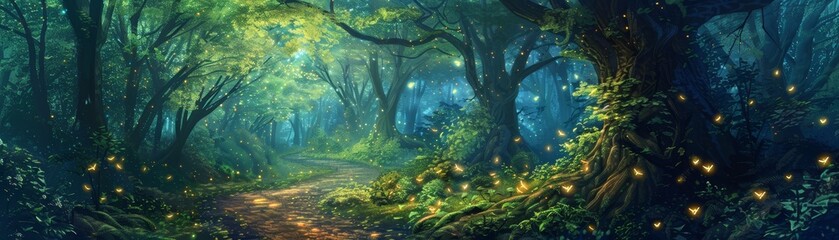 Mystical forest scene with immense verdant trees and a meandering path