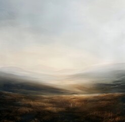 Gemälde einer skandinavischen Landschaft, Berg, Tal und See, Himmel mit Wolken, düster und melancholisch - obrazy, fototapety, plakaty