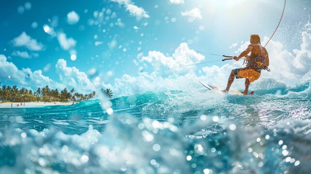 Realistic image showcasing surfers enjoying engaging water sports in vibrant colors