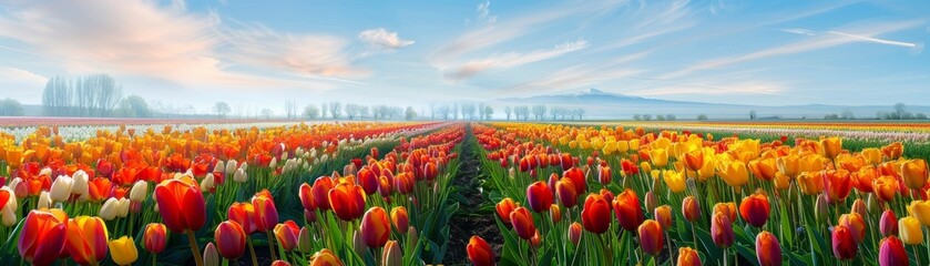 Sun-kissed tulip field stretching into the horizon - obrazy, fototapety, plakaty