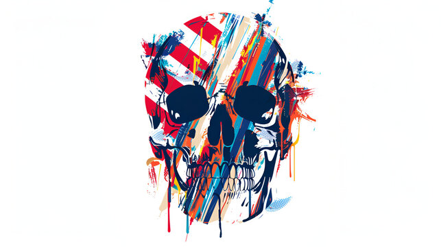 Colorful vector art, solid black lines isolated on white. Modern American patriotic logo. Incorporate a skull into the creative modern design, Generative Ai