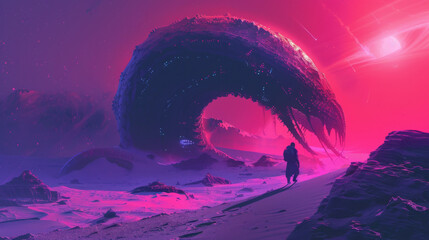 Giant sand worm in the desert in neon colors