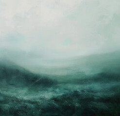 Gemälde einer skandinavischen Landschaft, Berg und Tal, Himmel mit Wolken, düster und melancholisch