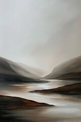 Gemälde einer skandinavischen Landschaft, Berg, Tal und Fluss, Himmel mit Wolken, düster und melancholisch - obrazy, fototapety, plakaty