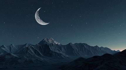 Minimal dark textured landscape background. Mountains and moon, night sky. 