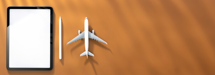 Tablet and airplane miniature on brown background, top view, copy space.