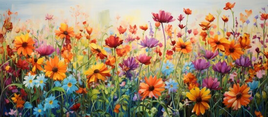 A scenic painting featuring a vast field filled with colorful blooms, with a radiant sun shining in the distant background