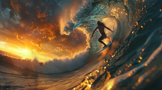 Dynamic illustration of surfing action, realistic image depicting engaging water sports