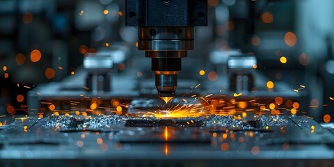 CNC milling machine creating metal part with sparks in hightech manufacturing process. Concept CNC Milling, Metal Fabrication, Manufacturing Process, High-Tech Industry, Sparks Flying - obrazy, fototapety, plakaty