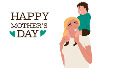 Mother's Day vector background, template. The little son sits on his mother’s neck and laughs.
