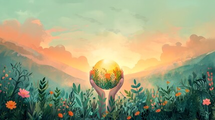 Nurturing Earth's Rejuvenation:A Pastel-Hued of Vibrant Plant Life and Clear Skies Reviving a Sick Planet - obrazy, fototapety, plakaty