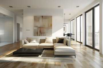 Fototapeta na wymiar Luxurious Modern Living Room With Chic Minimalistic Décor and Spacious, Light-filled Dining Area