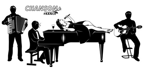 French Chanson Band Silhouettes. Woman singing by laying on a piano. Musicians accompany her on a piano, accordion and acoustic guitar. Vector cliparts isolated on white. - obrazy, fototapety, plakaty