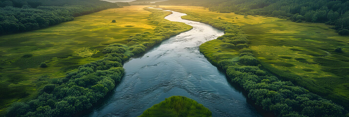 Arial View of River in Fields,
 green beautiful amazonian jungle landscape with trees and river