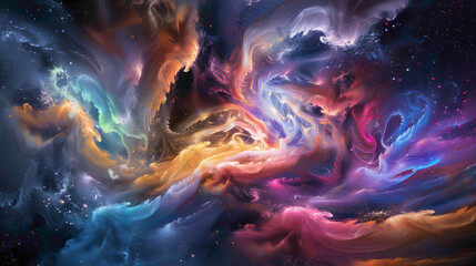 Swirling galaxies of color merging and colliding in a cosmic ballet of creation. - obrazy, fototapety, plakaty