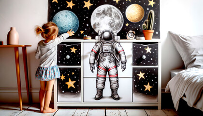 A child sets an image of an astronaut in a spacesuit on the surface of the Moon against the backdrop of stars in black space. Cosmonautics Day. Children's drawing, Children's Day - obrazy, fototapety, plakaty