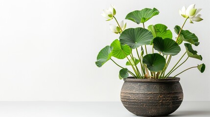 Close shot of lotus or nelumbo on a pot as indoor plant with a clean white backdrop and space for text or product, Generative AI. - obrazy, fototapety, plakaty