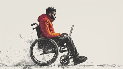 A disabled man in a wheelchair with a laptop on a white background