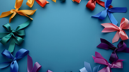 Circle of colorful awareness ribbons with place for text on blue background. World cancer day concept, Generative Ai