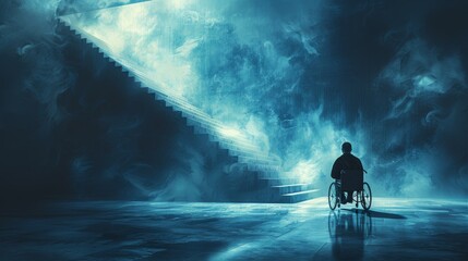 Back view of a man in wheelchair near stairs