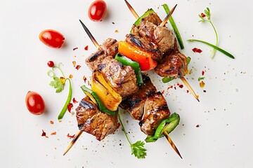 skewers with meat and vegetables on a white surface