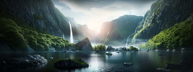 nature landscape with waterfall and green mountain, landscape with mountains and lake, waterfall in the mountains - obrazy, fototapety, plakaty