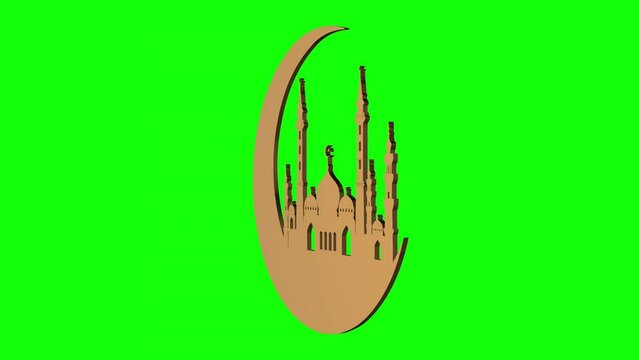 3D crescent with mosque Masjid green screen