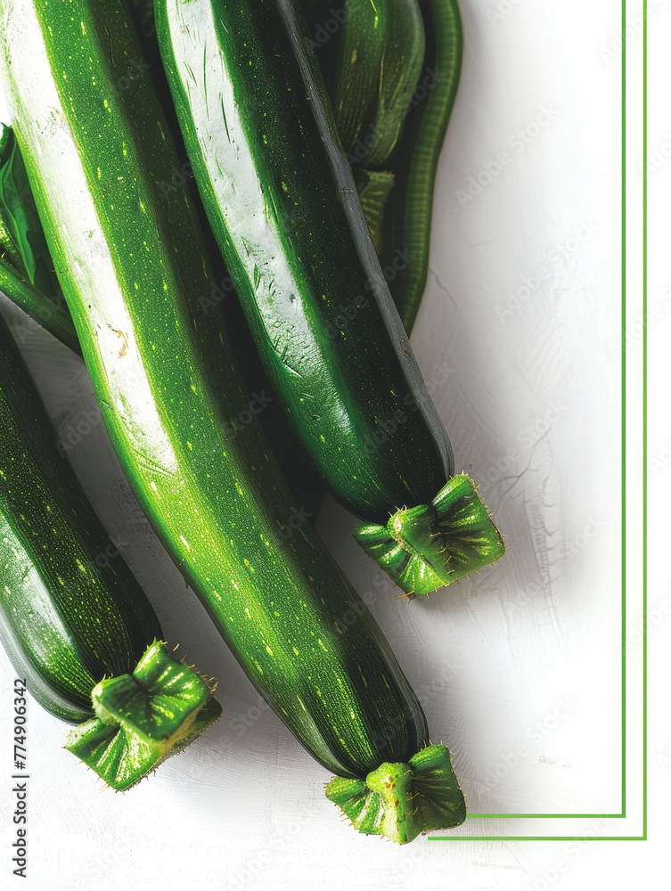 Poster Fresh green zucchinis on a plain background with green border copy space for text.