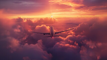 Commercial aircraft flying above the beautiful cloud sea at sunset