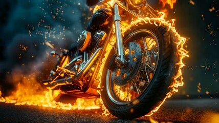 Motorcycle with fiery wheels speeding on road