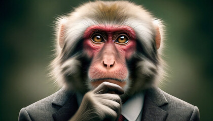 アゴに手をあてて考えるスーツを着た日本猿 - obrazy, fototapety, plakaty