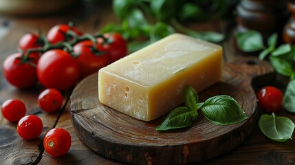wooden round board holds a rectangular cheese piece alongside cherry tomatoes and basil