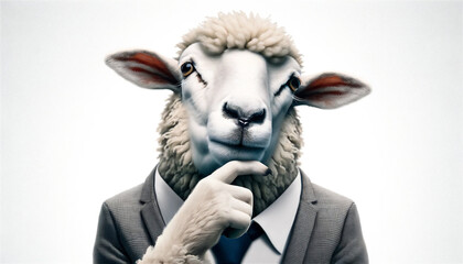 アゴに手をあてて考えるスーツを着た羊