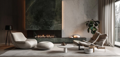 Emerald green stone, minimalist fireplace, and calming decor in a chic modern home.