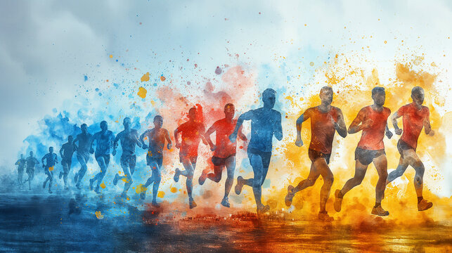 Sportsmen are running on colourful background. Watercolour illustration. Selective focus. Copy space. Sport activity concept.