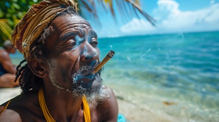 Close up of jamaican man smoking marijuana by the ocean shore in realistic setting