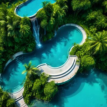 A hyperdetailed drone shot animation of a luxury swimming pool in the jungle, jungle trees, waterfalls, luxury mansion and garden	