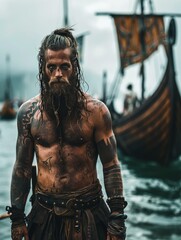 Scandinavian Viking man in traditional clothes with an ax and shield, after a battle in blood, beard and tattoo, battle drakkar - obrazy, fototapety, plakaty