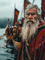 Scandinavian Viking man in traditional clothes with an ax and shield, after a battle in blood, beard and tattoo, battle drakkar