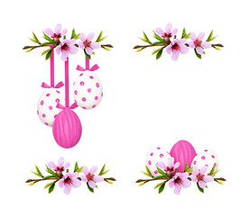 Set of festive compositions with spring twigs of peach flowers and Easter eggs isolated on white or transparent background